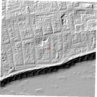 Shaded relief map of the ground around BN112NE, computed from Environment Agency LiDAR. The ground here sits at about 6 m above sea level and falls 10 m across the surrounding 800 m. Surface water reaching this point runs off ground lying to the north, 1.8 m higher.