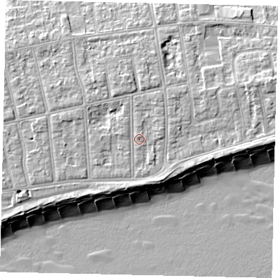 Shaded relief map of the ground around BN112NF, computed from Environment Agency LiDAR. The ground here sits at about 6 m above sea level and falls 11 m across the surrounding 800 m. Surface water reaching this point runs off ground lying to the north, 1.9 m higher.