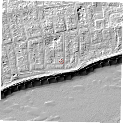 Shaded relief map of the ground around BN112NG, computed from Environment Agency LiDAR. The ground here sits at about 6 m above sea level and falls 11 m across the surrounding 800 m. Surface water reaching this point runs off ground lying to the east-north-east, 2.5 m higher.