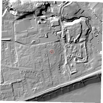 Shaded relief map of the ground around BN112PN, computed from Environment Agency LiDAR. The ground here sits at about 6 m above sea level and falls 17 m across the surrounding 800 m. Surface water reaching this point runs off ground lying to the west-north-west, 1.1 m higher.