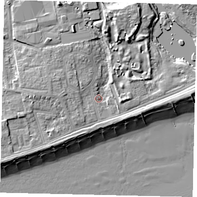 Shaded relief map of the ground around BN112PU, computed from Environment Agency LiDAR. The ground here sits at about 4 m above sea level and falls 12 m across the surrounding 800 m. Surface water reaching this point runs off ground lying to the west, 4.4 m higher.