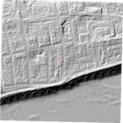 Shaded relief map of the ground around BN112QU, computed from Environment Agency LiDAR. The ground here sits at about 6 m above sea level and falls 11 m across the surrounding 800 m. Surface water reaching this point runs off ground lying to the north, 1.2 m higher.