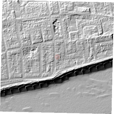 Shaded relief map of the ground around BN112QX, computed from Environment Agency LiDAR. The ground here sits at about 6 m above sea level and falls 11 m across the surrounding 800 m. Surface water reaching this point runs off ground lying to the north, 1.1 m higher.