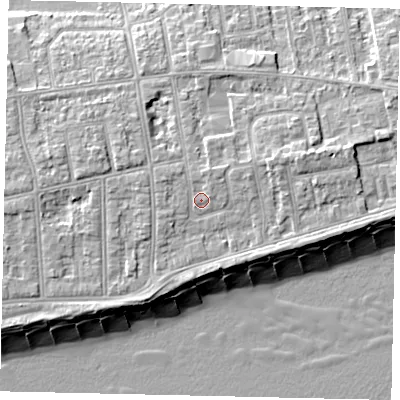 Shaded relief map of the ground around BN112SN, computed from Environment Agency LiDAR. The ground here sits at about 6 m above sea level and falls 11 m across the surrounding 800 m. Surface water reaching this point runs off ground lying to the west-north-west, 1.3 m higher.