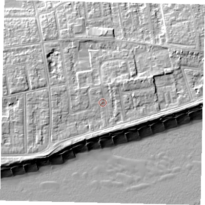 Shaded relief map of the ground around BN112SR, computed from Environment Agency LiDAR. The ground here sits at about 6 m above sea level and falls 11 m across the surrounding 800 m. Surface water reaching this point runs off ground lying to the north-north-east, 1.8 m higher.