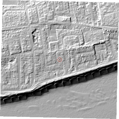 Shaded relief map of the ground around BN112SW, computed from Environment Agency LiDAR. The ground here sits at about 6 m above sea level and falls 11 m across the surrounding 800 m. Surface water reaching this point runs off ground lying to the west-north-west, 1.1 m higher.