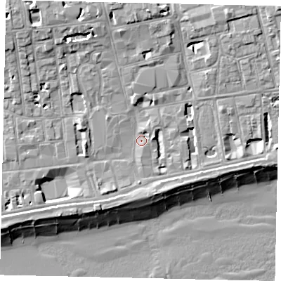 Shaded relief map of the ground around BN113AA, computed from Environment Agency LiDAR. The ground here sits at about 5 m above sea level and falls 14 m across the surrounding 800 m. Surface water reaching this point runs off ground lying to the north-west, 8.5 m higher.