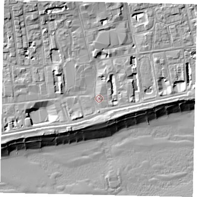 Shaded relief map of the ground around BN113AE, computed from Environment Agency LiDAR. The ground here sits at about 5 m above sea level and falls 13 m across the surrounding 800 m. Surface water reaching this point runs off ground lying to the north-west, 7.7 m higher.
