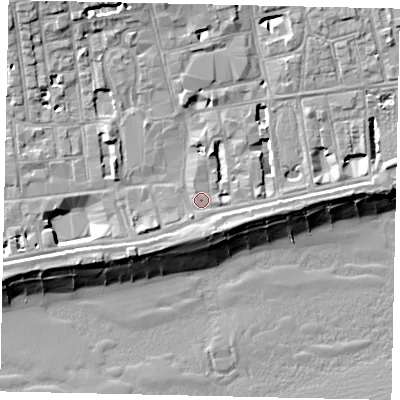 Shaded relief map of the ground around BN113AJ, computed from Environment Agency LiDAR. The ground here sits at about 5 m above sea level and falls 13 m across the surrounding 800 m. Surface water reaching this point runs off ground lying to the north-west, 7.3 m higher.