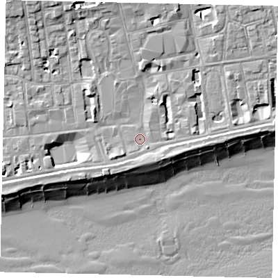 Shaded relief map of the ground around BN113AL, computed from Environment Agency LiDAR. The ground here sits at about 5 m above sea level and falls 13 m across the surrounding 800 m. Surface water reaching this point runs off ground lying to the south-west, 2.5 m higher.