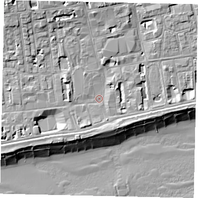 Shaded relief map of the ground around BN113AP, computed from Environment Agency LiDAR. The ground here sits at about 5 m above sea level and falls 14 m across the surrounding 800 m. Surface water reaching this point runs off ground lying to the south-south-west, 3.2 m higher.