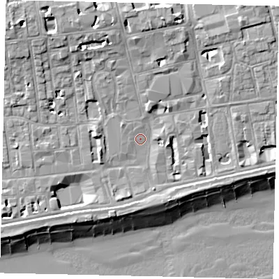 Shaded relief map of the ground around BN113AR, computed from Environment Agency LiDAR. The ground here sits at about 5 m above sea level and falls 14 m across the surrounding 800 m. Surface water reaching this point runs off ground lying to the north-west, 8.7 m higher.