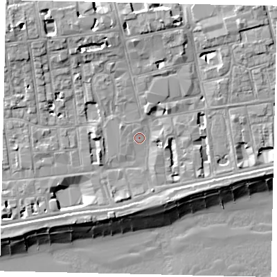 Shaded relief map of the ground around BN113AW, computed from Environment Agency LiDAR. The ground here sits at about 5 m above sea level and falls 14 m across the surrounding 800 m. Surface water reaching this point runs off ground lying to the north-west, 8.7 m higher.