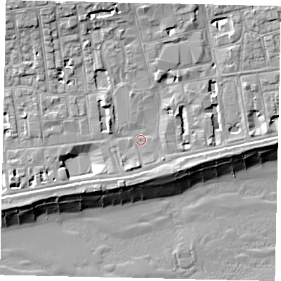 Shaded relief map of the ground around BN113AX, computed from Environment Agency LiDAR. The ground here sits at about 5 m above sea level and falls 14 m across the surrounding 800 m. Surface water reaching this point runs off ground lying to the south-south-west, 2.8 m higher.