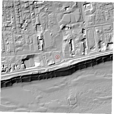 Shaded relief map of the ground around BN113AY, computed from Environment Agency LiDAR. The ground here sits at about 5 m above sea level and falls 13 m across the surrounding 800 m. Surface water reaching this point runs off ground lying to the east-south-east, 2.7 m higher.