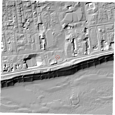Shaded relief map of the ground around BN113BA, computed from Environment Agency LiDAR. The ground here sits at about 5 m above sea level and falls 13 m across the surrounding 800 m. Surface water reaching this point runs off ground lying to the west-south-west, 0.8 m higher.