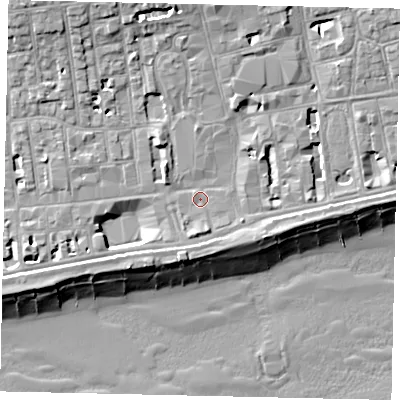 Shaded relief map of the ground around BN113BD, computed from Environment Agency LiDAR. The ground here sits at about 5 m above sea level and falls 13 m across the surrounding 800 m. Surface water reaching this point runs off ground lying to the east-south-east, 3.4 m higher.