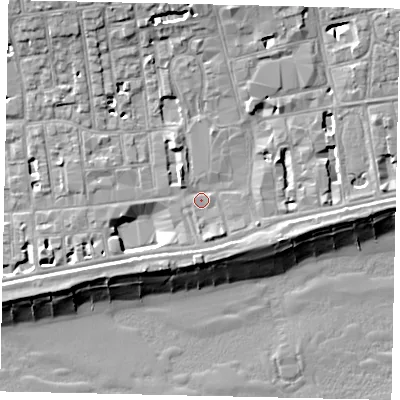 Shaded relief map of the ground around BN113BE, computed from Environment Agency LiDAR. The ground here sits at about 5 m above sea level and falls 13 m across the surrounding 800 m. Surface water reaching this point runs off ground lying to the north-north-west, 7.7 m higher.