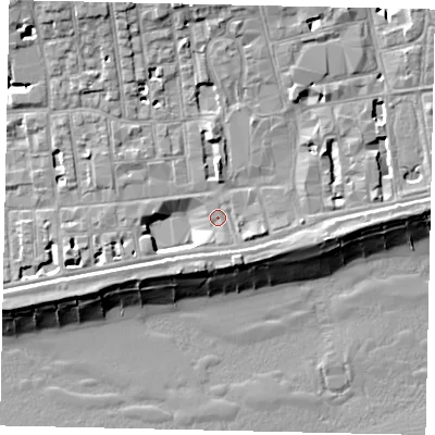 Shaded relief map of the ground around BN113BG, computed from Environment Agency LiDAR. The ground here sits at about 5 m above sea level and falls 13 m across the surrounding 800 m. Surface water reaching this point runs off ground lying to the west, 3.0 m higher.