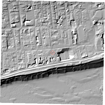 Shaded relief map of the ground around BN113BL, computed from Environment Agency LiDAR. The ground here sits at about 6 m above sea level and falls 13 m across the surrounding 800 m. The ground contributing surface water to this point lies to the west-north-west.