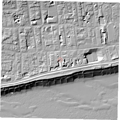 Shaded relief map of the ground around BN113BS, computed from Environment Agency LiDAR. The ground here sits at about 5 m above sea level and falls 12 m across the surrounding 800 m. Surface water reaching this point runs off ground lying to the north-west, 6.7 m higher.