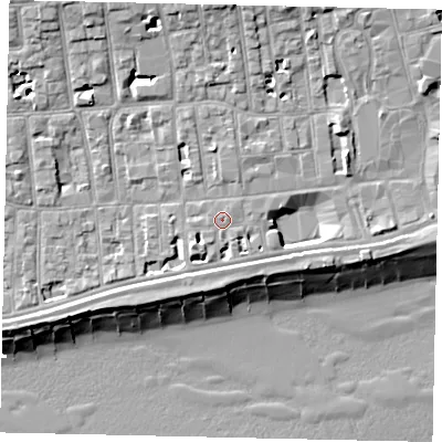 Shaded relief map of the ground around BN113BT, computed from Environment Agency LiDAR. The ground here sits at about 5 m above sea level and falls 12 m across the surrounding 800 m. Surface water reaching this point runs off ground lying to the north-east, 0.6 m higher.