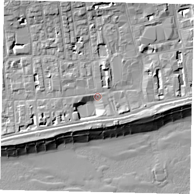 Shaded relief map of the ground around BN113BW, computed from Environment Agency LiDAR. The ground here sits at about 5 m above sea level and falls 13 m across the surrounding 800 m. Surface water reaching this point runs off ground lying to the north-north-west, 5.7 m higher.