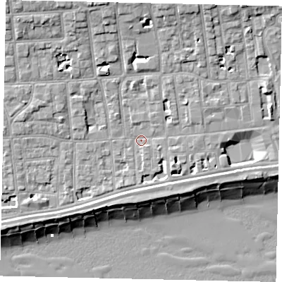 Shaded relief map of the ground around BN113BZ, computed from Environment Agency LiDAR. The ground here sits at about 5 m above sea level and falls 13 m across the surrounding 800 m. Surface water reaching this point runs off ground lying to the west-south-west, 2.5 m higher.