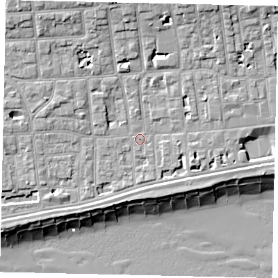 Shaded relief map of the ground around BN113DA, computed from Environment Agency LiDAR. The ground here sits at about 5 m above sea level and falls 13 m across the surrounding 800 m. Surface water reaching this point runs off ground lying to the south-west, 2.8 m higher.