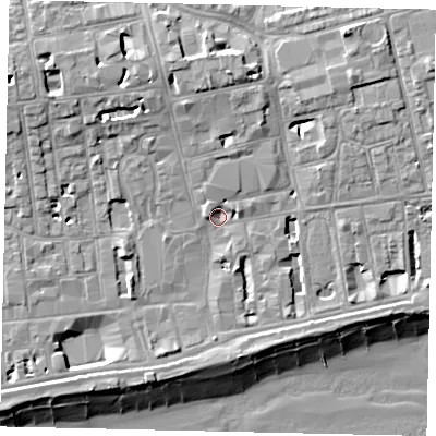Shaded relief map of the ground around BN113DE, computed from Environment Agency LiDAR. The ground here sits at about 5 m above sea level and falls 13 m across the surrounding 800 m. Surface water reaching this point runs off ground lying to the north, 6.1 m higher.
