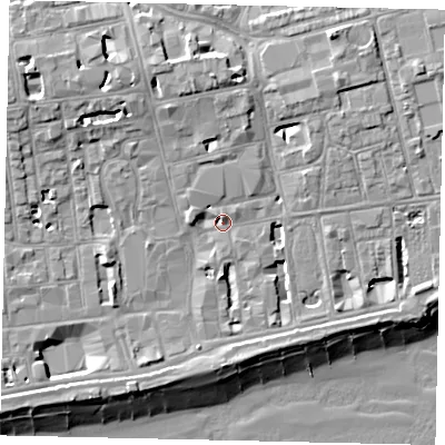 Shaded relief map of the ground around BN113DF, computed from Environment Agency LiDAR. The ground here sits at about 6 m above sea level and falls 13 m across the surrounding 800 m. Surface water reaching this point runs off ground lying to the north, 6.1 m higher.