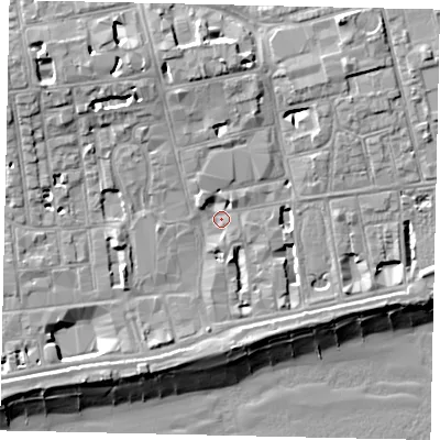 Shaded relief map of the ground around BN113DL, computed from Environment Agency LiDAR. The ground here sits at about 5 m above sea level and falls 14 m across the surrounding 800 m. Surface water reaching this point runs off ground lying to the north, 6.1 m higher.