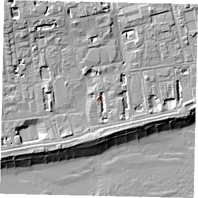 Shaded relief map of the ground around BN113DN, computed from Environment Agency LiDAR. The ground here sits at about 5 m above sea level and falls 14 m across the surrounding 800 m. Surface water reaching this point runs off ground lying to the north-west, 8.5 m higher.