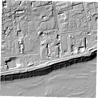 Shaded relief map of the ground around BN113DR, computed from Environment Agency LiDAR. The ground here sits at about 4 m above sea level and falls 14 m across the surrounding 800 m. Surface water reaching this point runs off ground lying to the north-west, 8.5 m higher.