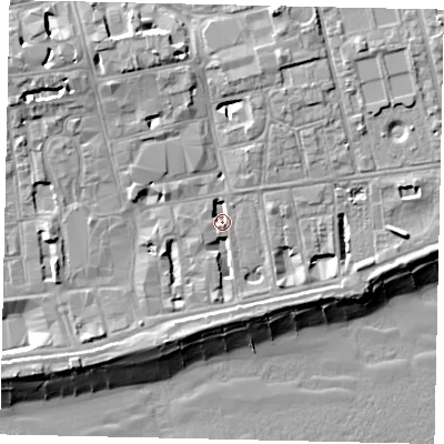 Shaded relief map of the ground around BN113DS, computed from Environment Agency LiDAR. The ground here sits at about 4 m above sea level and falls 13 m across the surrounding 800 m. Surface water reaching this point runs off ground lying to the south-south-east, 2.3 m higher.