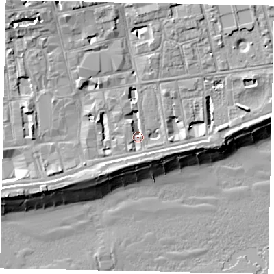 Shaded relief map of the ground around BN113DU, computed from Environment Agency LiDAR. The ground here sits at about 5 m above sea level and falls 13 m across the surrounding 800 m. Surface water reaching this point runs off ground lying to the north, 2.5 m higher.