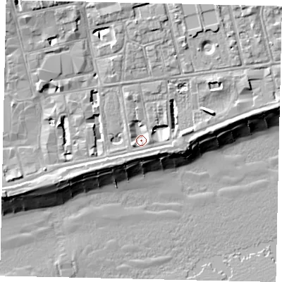 Shaded relief map of the ground around BN113DW, computed from Environment Agency LiDAR. The ground here sits at about 4 m above sea level and falls 13 m across the surrounding 800 m. Surface water reaching this point runs off ground lying to the north, 5.1 m higher.