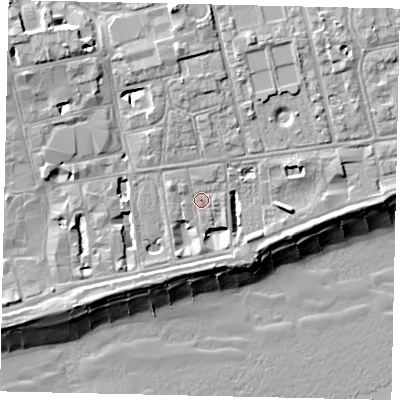 Shaded relief map of the ground around BN113EN, computed from Environment Agency LiDAR. The ground here sits at about 5 m above sea level and falls 13 m across the surrounding 800 m. Surface water reaching this point runs off ground lying to the west-north-west, 1.5 m higher.