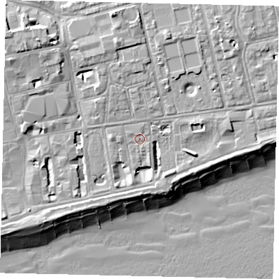 Shaded relief map of the ground around BN113EP, computed from Environment Agency LiDAR. The ground here sits at about 5 m above sea level and falls 13 m across the surrounding 800 m. Surface water reaching this point runs off ground lying to the west, 1.5 m higher.