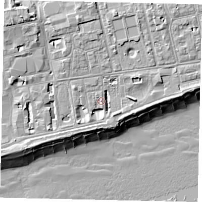 Shaded relief map of the ground around BN113ER, computed from Environment Agency LiDAR. The ground here sits at about 5 m above sea level and falls 13 m across the surrounding 800 m. Surface water reaching this point runs off ground lying to the south-south-west, 2.3 m higher.