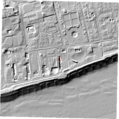 Shaded relief map of the ground around BN113ET, computed from Environment Agency LiDAR. The ground here sits at about 4 m above sea level and falls 13 m across the surrounding 800 m. Surface water reaching this point runs off ground lying to the north-north-west, 5.2 m higher.