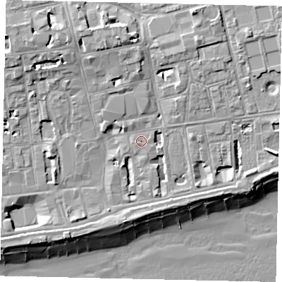 Shaded relief map of the ground around BN113EZ, computed from Environment Agency LiDAR. The ground here sits at about 5 m above sea level and falls 14 m across the surrounding 800 m. Surface water reaching this point runs off ground lying to the north-north-west, 6.1 m higher.