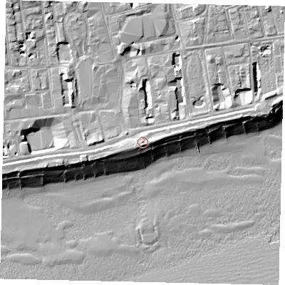 Shaded relief map of the ground around BN113FJ, computed from Environment Agency LiDAR. The ground here sits at about 6 m above sea level and falls 12 m across the surrounding 800 m. Surface water reaching this point runs off ground lying to the south-south-west, 2.2 m higher.