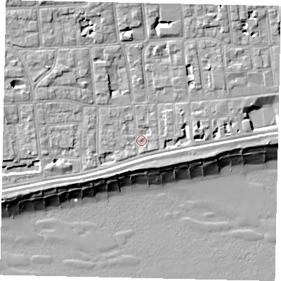 Shaded relief map of the ground around BN113FS, computed from Environment Agency LiDAR. The ground here sits at about 5 m above sea level and falls 11 m across the surrounding 800 m. Surface water reaching this point runs off ground lying to the east, 2.4 m higher.