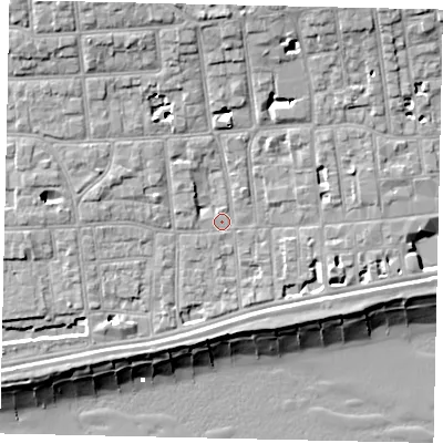 Shaded relief map of the ground around BN113GZ, computed from Environment Agency LiDAR. The ground here sits at about 5 m above sea level and falls 13 m across the surrounding 800 m. Surface water reaching this point runs off ground lying to the west-north-west, 4.1 m higher.