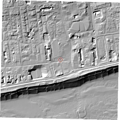 Shaded relief map of the ground around BN113HA, computed from Environment Agency LiDAR. The ground here sits at about 5 m above sea level and falls 14 m across the surrounding 800 m. Surface water reaching this point runs off ground lying to the north-west, 8.7 m higher.