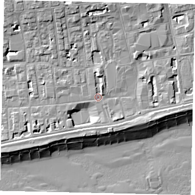 Shaded relief map of the ground around BN113HB, computed from Environment Agency LiDAR. The ground here sits at about 5 m above sea level and falls 14 m across the surrounding 800 m. Surface water reaching this point runs off ground lying to the north-north-west, 6.5 m higher.