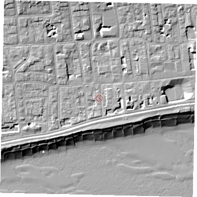 Shaded relief map of the ground around BN113HD, computed from Environment Agency LiDAR. The ground here sits at about 5 m above sea level and falls 12 m across the surrounding 800 m. Surface water reaching this point runs off ground lying to the west-south-west, 2.4 m higher.