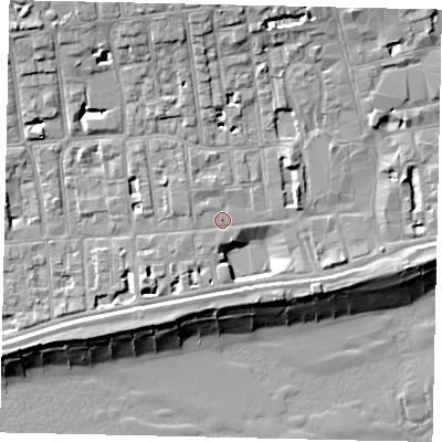Shaded relief map of the ground around BN113HE, computed from Environment Agency LiDAR. The ground here sits at about 5 m above sea level and falls 13 m across the surrounding 800 m. Surface water reaching this point runs off ground lying to the west, 1.1 m higher.