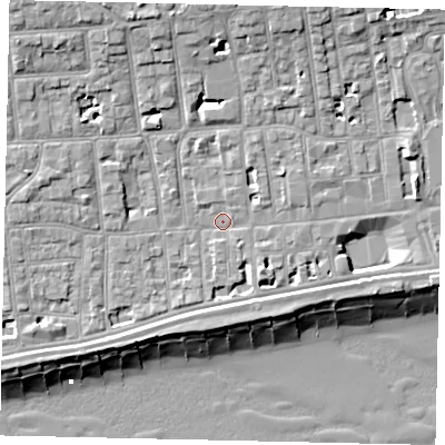Shaded relief map of the ground around BN113HG, computed from Environment Agency LiDAR. The ground here sits at about 5 m above sea level and falls 13 m across the surrounding 800 m. Surface water reaching this point runs off ground lying to the north-north-west, 7.6 m higher.